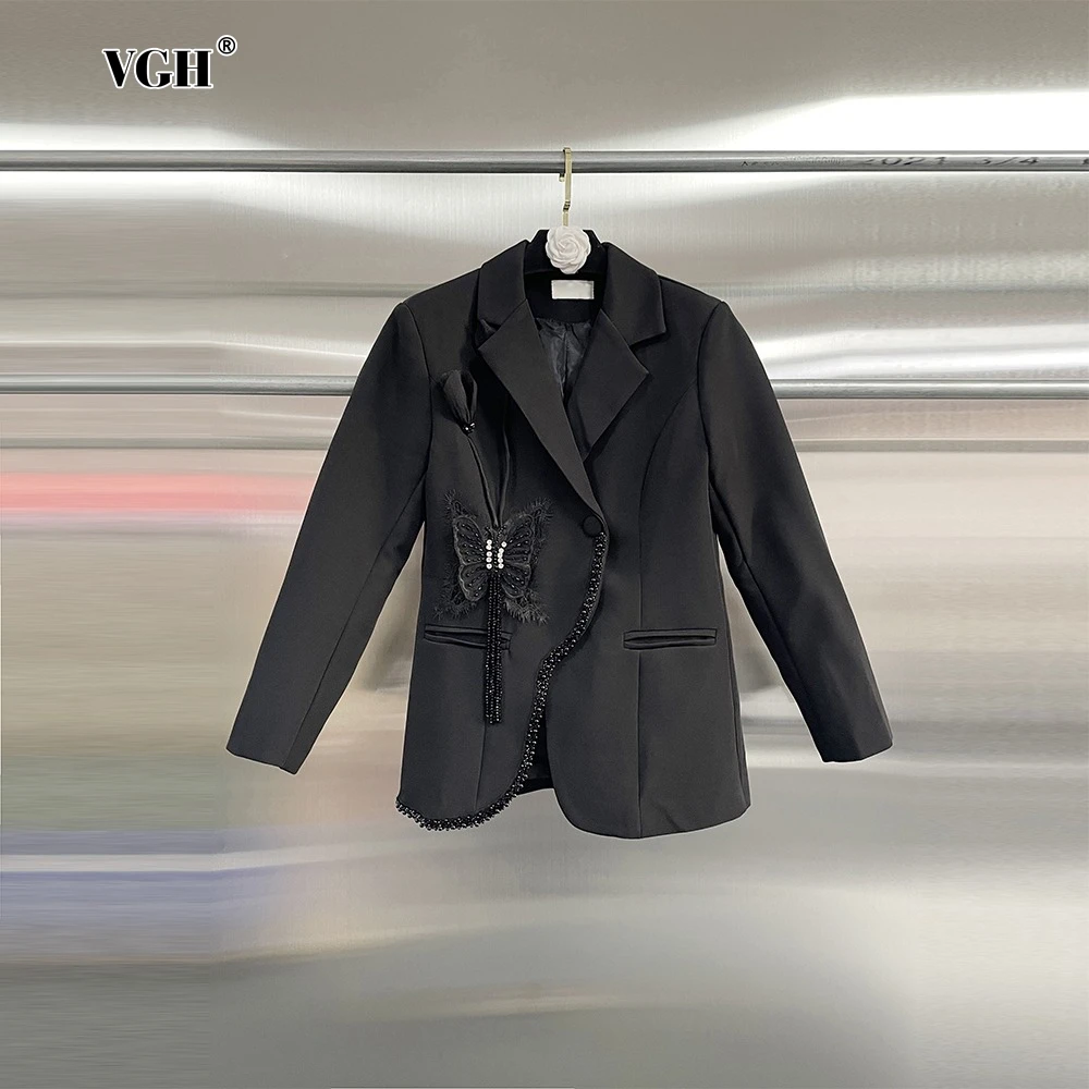 

VGH Spliced Appliques Tassel Blazer for Women Notched Collar Long Sleeve Patchowrk Beading Designer Coats Female Fashion Clothes