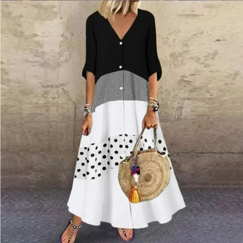 Spring Summer Women\'s L-5XL Plus Size Large Size Loose V-neck Short Sleeve Printed Fashion Long Dress Button Loose Large Size