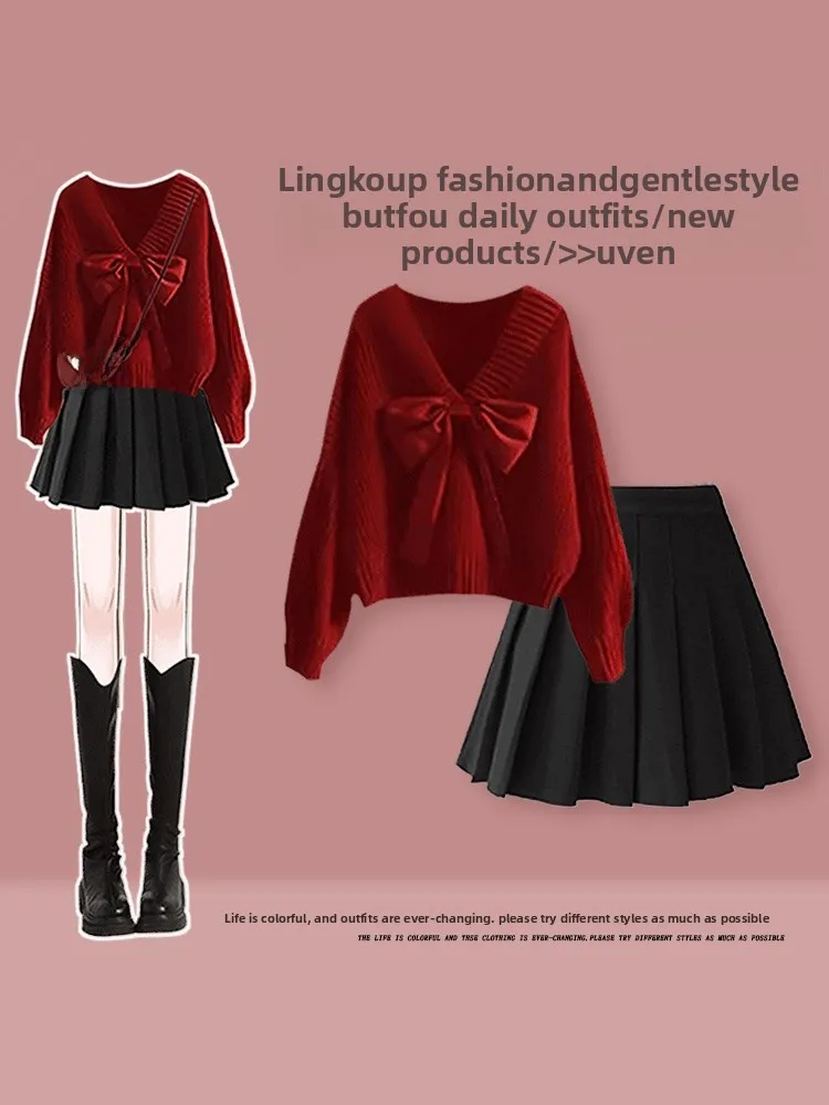 

Large Size Autumn Winter College Sle Set Women's Red Cisas V-ne Knitted Sweater with Korean Sle Pleated ort Skirt...