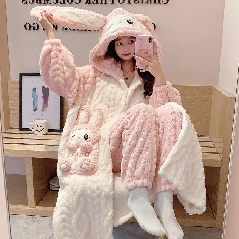 Sanrio Girl Coral Fleece Thickening Hooded Robe Suit Winter Kawaii My Melody Comic Student Keep Warm Pajamas Home Clothes Kit