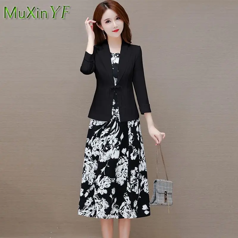 Women\'s Fashion Suit Coat + Chiffon Floral Dress Two Piece 2022 Fall New Korean Elegant Casual Professional Blazersa Skirt Set