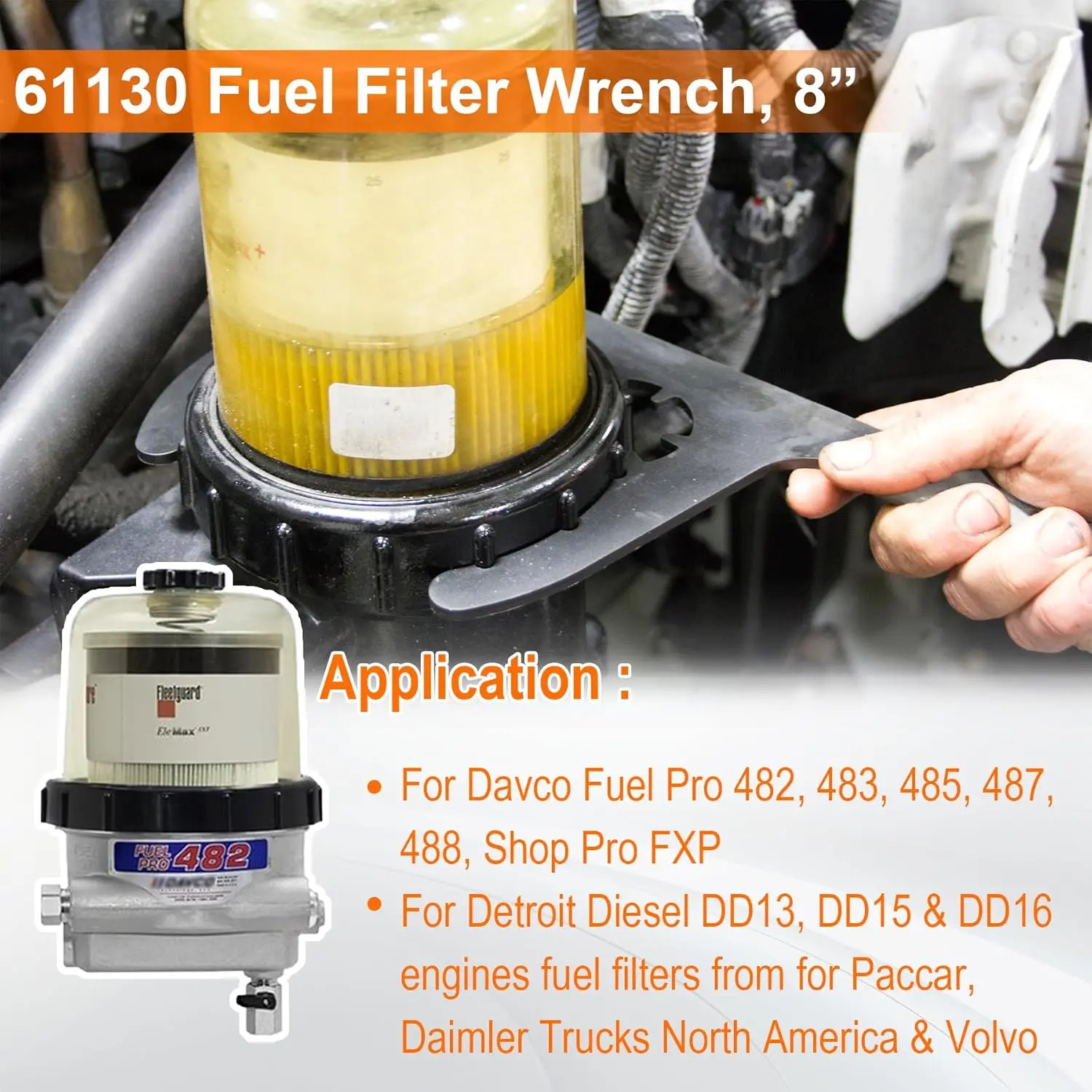 Klucz do filtra paliwa do silników wysokoprężnych Davco 4,6/5/6/8 cala, narzędzie do demontażu filtra paliwa do silników wysokoprężnych DD13, DD15, DD16