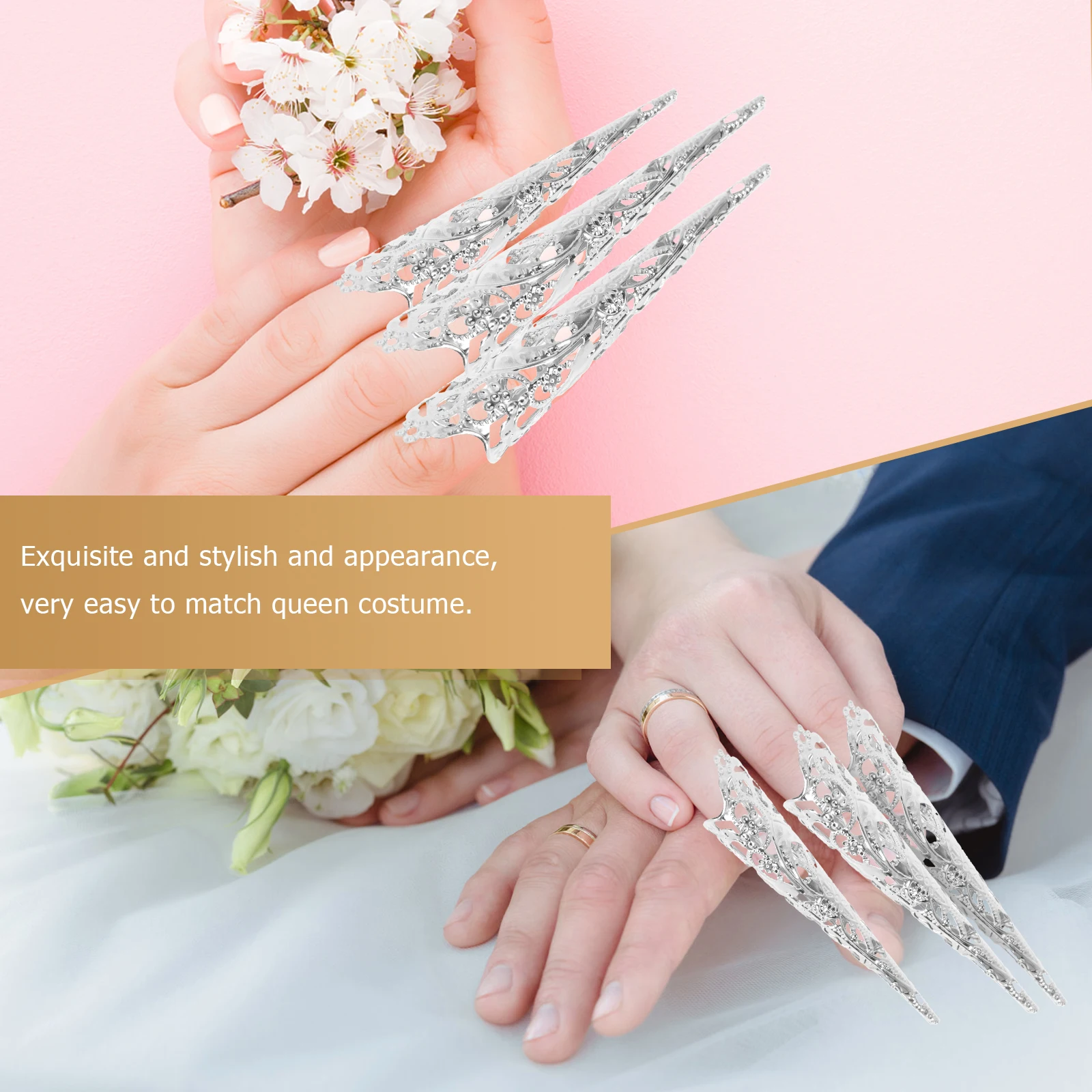 

8pcs Fake Nail Accessories Silver Iron Fingernail Claw Queen Ring Stylish Festival Party Halloween Costume Ornament