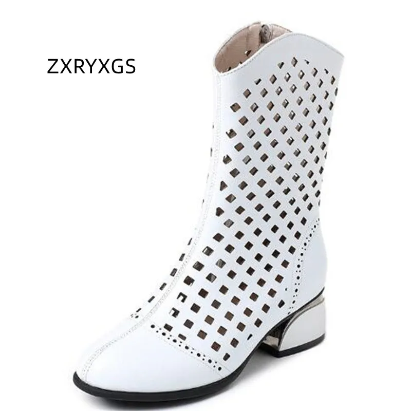 

ZXRYXGS 2023 New Spring Summer Breathable Boots Hole Shoes Women Genuine Leather Boots Fashion Sandals Large Size In-tube Boots