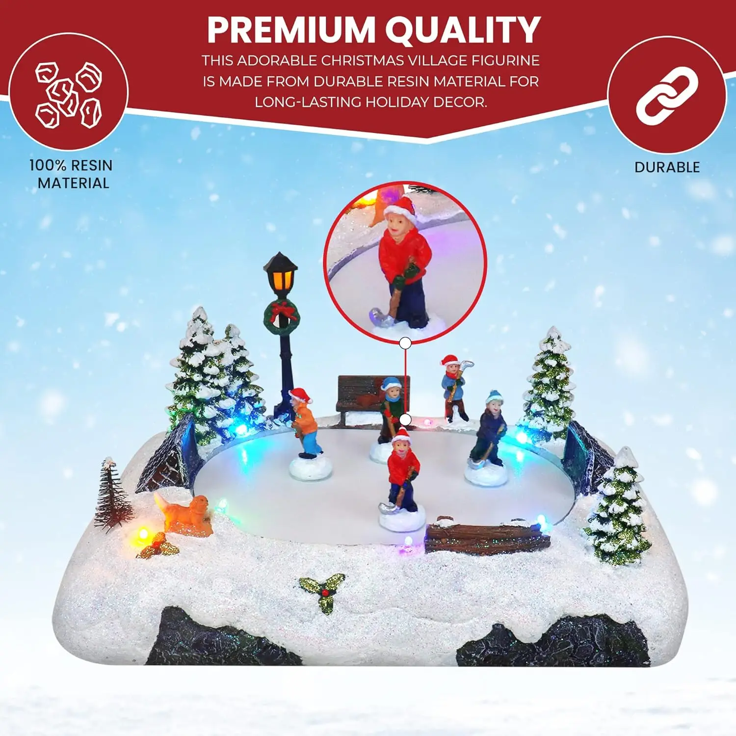 Pizarra de patinaje de Hockey de mesa de pueblo navideño musical animado con nieve preiluminada, centro de mesa perfecto para decoración del hogar en interiores
