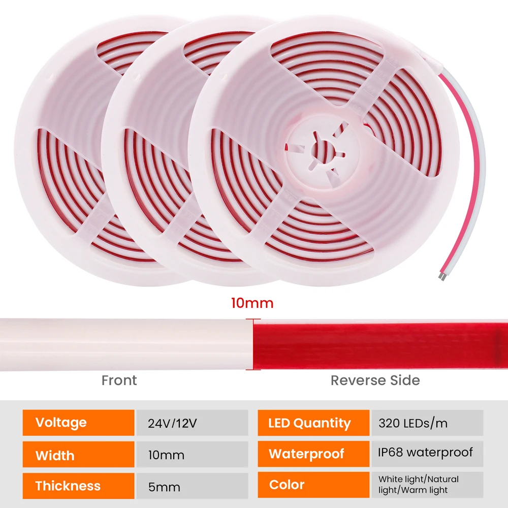 Bande lumineuse LED COB étanche IP68, néon, 12V 24V, 320 diodes/m, ruban Flexible RA90, éclairage de doublure haute densité, 3000K-6000K