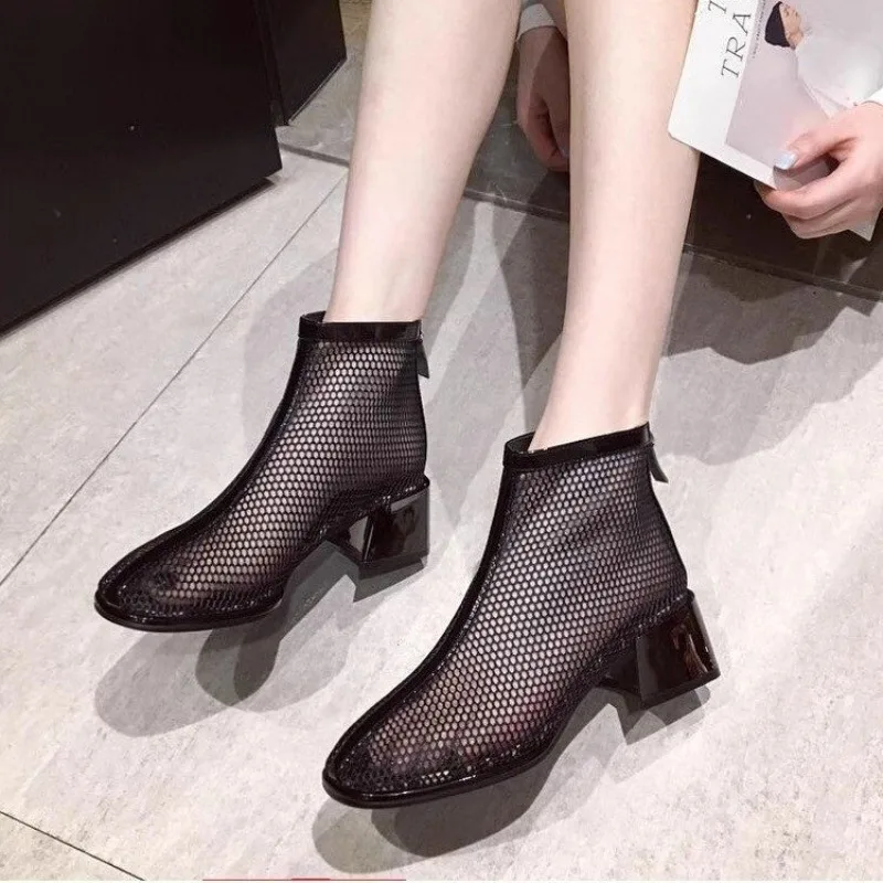 Women\'s Sandals Summer New Medium Heel Bag Head Mesh Zipper Bag Heel Sandals Casual Comfortable Breathable Sandals