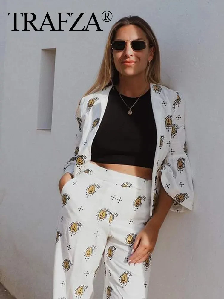 TRAFZA Women Fashion Paisley Embroidery Blouse Pant Sets Long Sleeve Cardigan O Neck Coat Straight Trousers Casual Streetwear