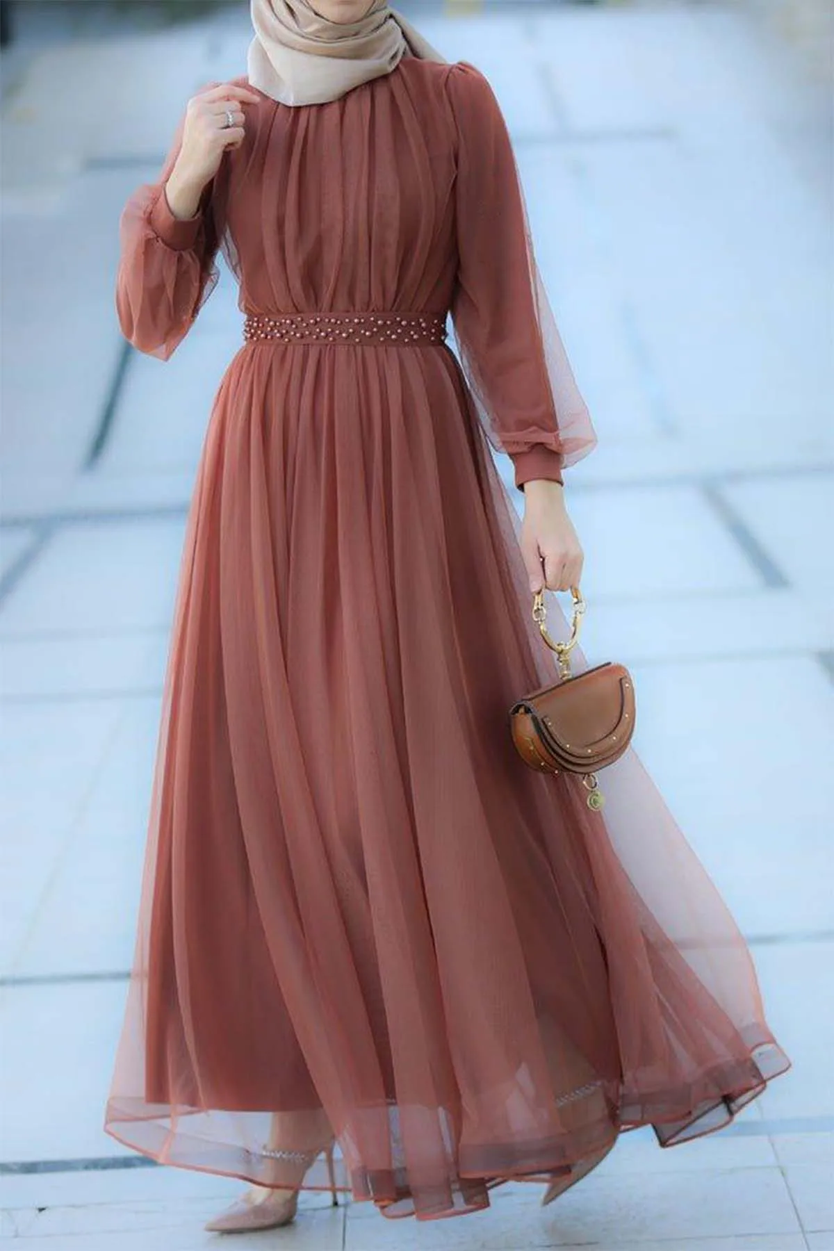 ผู้หญิงมุสลิม Hellofatimah Elegant ชีฟองโคมไฟ Layered Tunic Maxi Dress