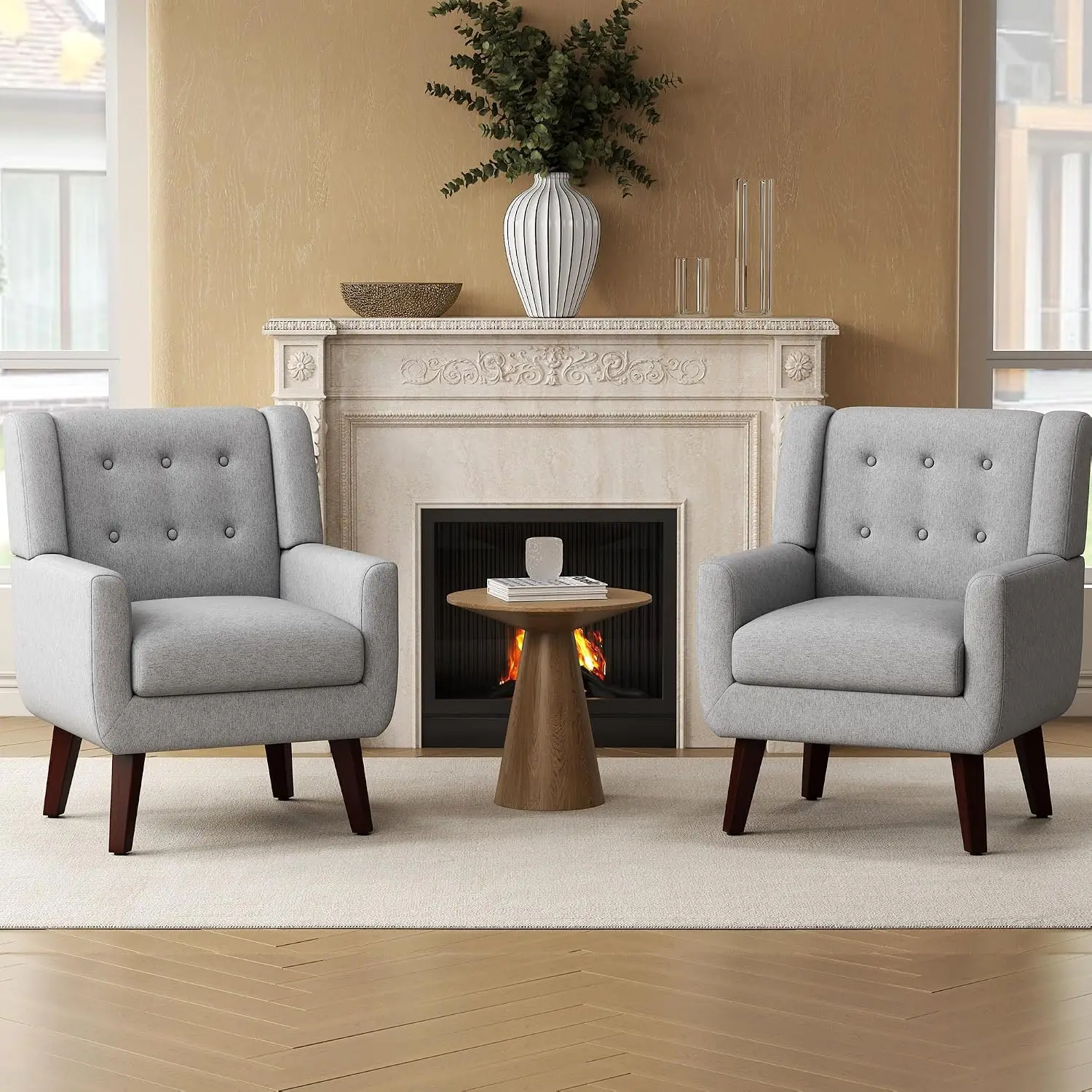 Linen Fabric Accent Armchair Mid Century Modern Button Tufted Upholstered Comfy Reading Vanity Chair Light Grey 2PCS, Customized