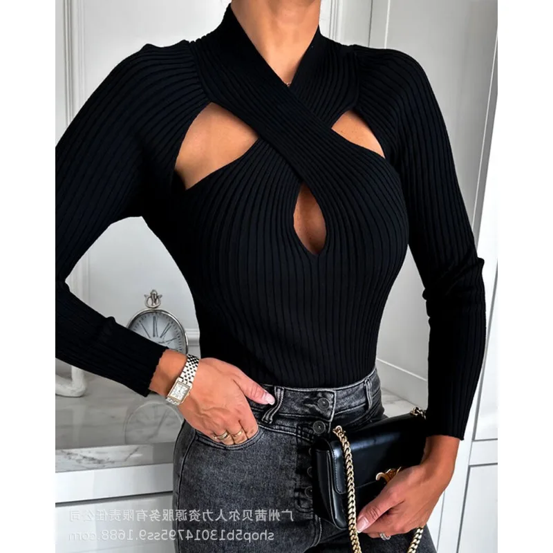 Trend Cross Wool Long-Sleeved Top Sweater Women Solid Color Slim Fits Skinny Jumpers Pulllovers Criss Cross Cutout Knit Sweater