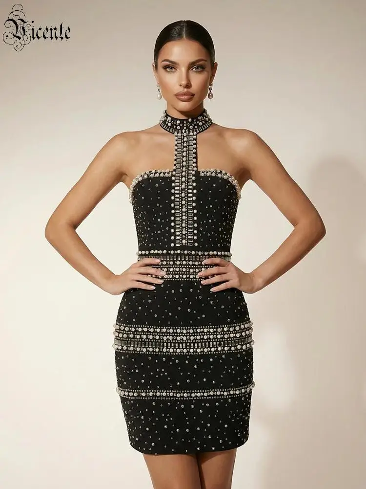 

VC Women Black Rhinestone Halter Neck Short Dress – Luxury Crystal Embellished Bodycon Mini Dress for Party & Evening