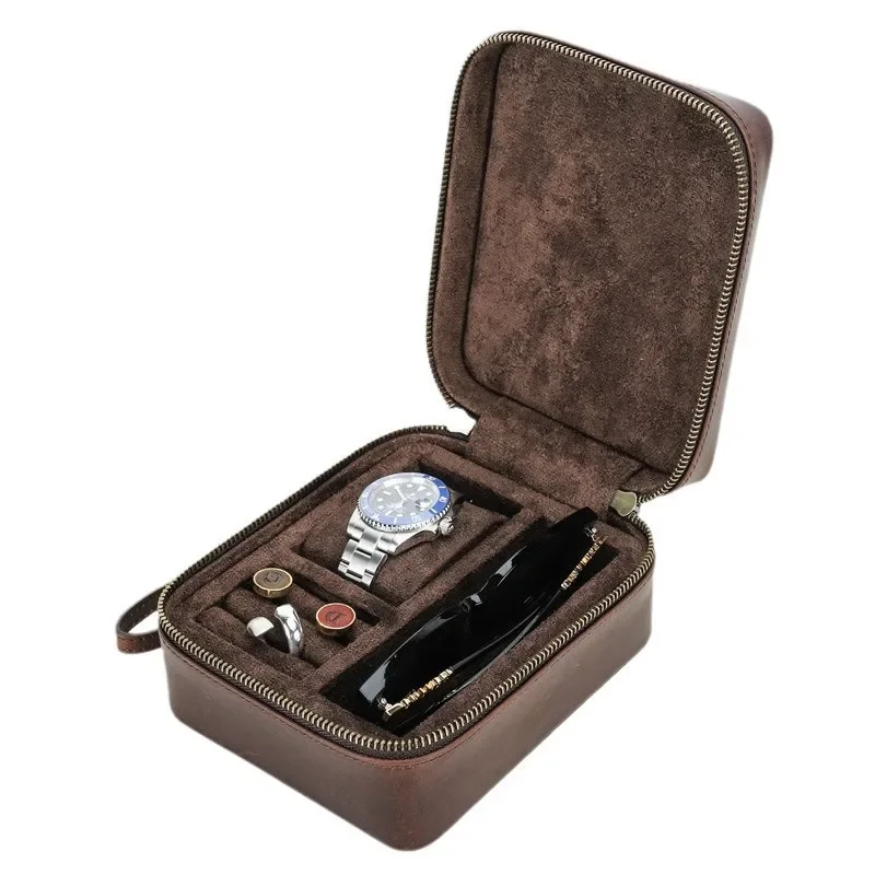 Retro Cowhide Multi-functional L Travel Portable Glasses Watch Jewelry Storage Box Anti-drop Genuine Leather Watch Box