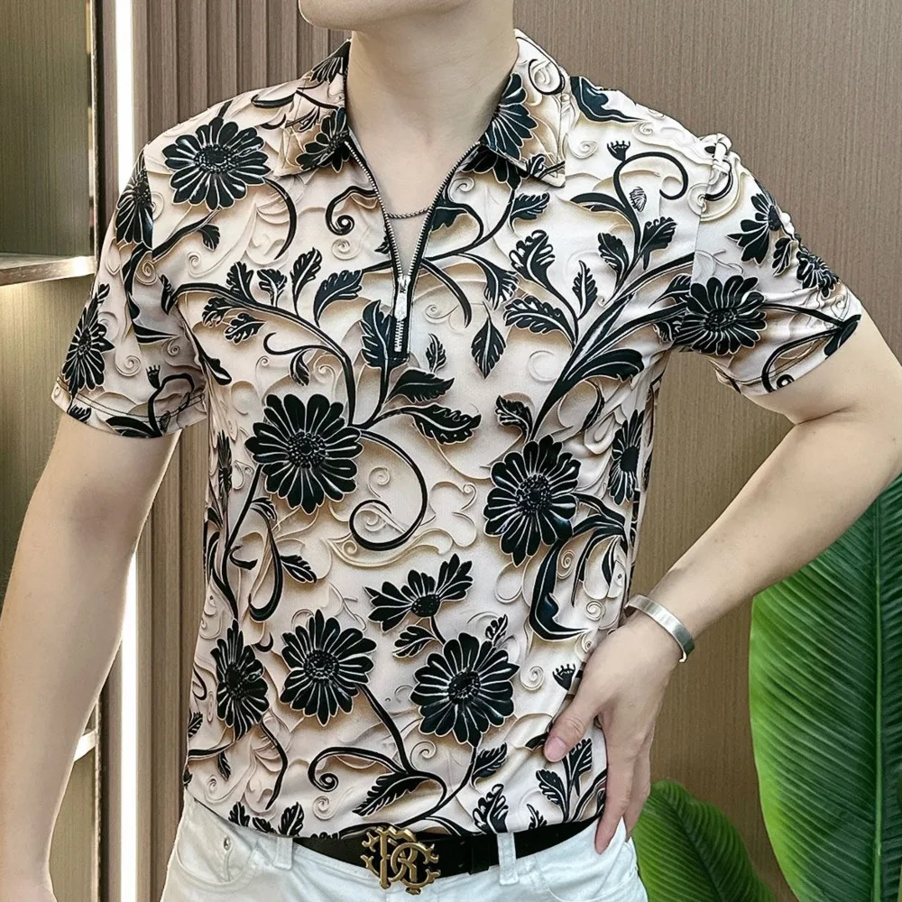 Summer Zipper Style Men Polo Shirt Short Sleeve Men T Shirt Geometry Pattern T-shirt Bottomed Shirt Streetwear Men Polo Shirt