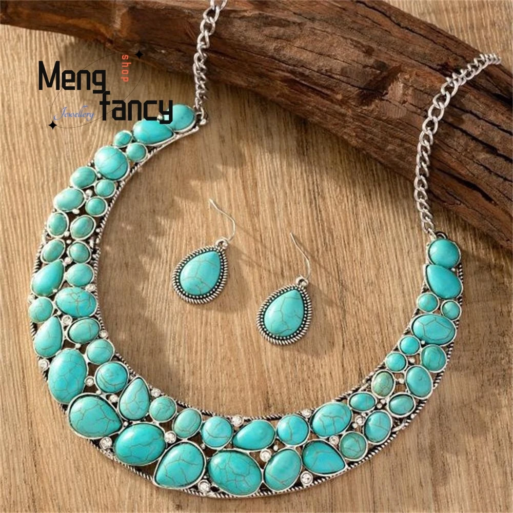 Natural Retro Western Fashion Card Neck Turquoise Necklace Earrings Simple Exquisite Fashion Jewelry Best Selling Holiday Gifts