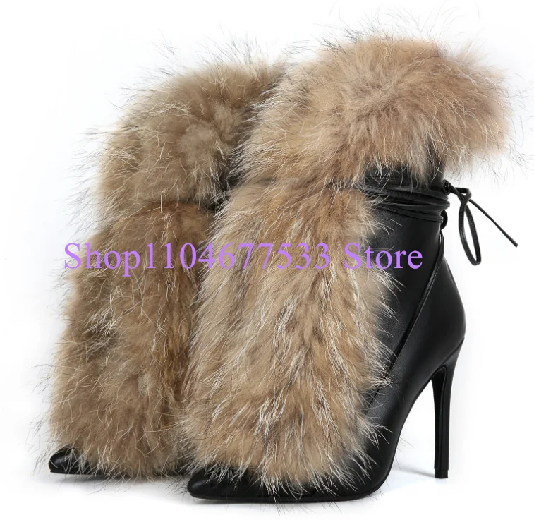 

Black Leather Fur Decor Lady Ankle Boots Sexy Thin Heel Lace-up Woman Short Boots Large Size Female Banquet Dress Shoes