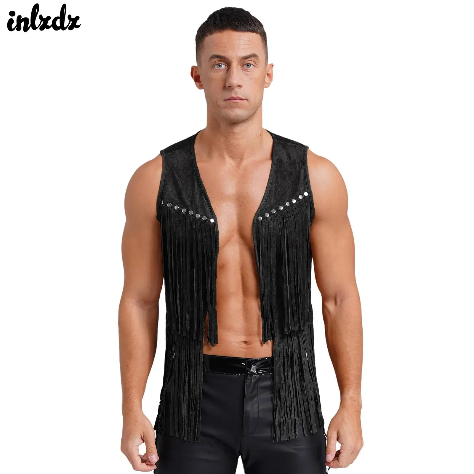

Mens Rivets Fringe Suede Waistcoat Faux Suede Tassel 70s Hippie Cardigan Vest Open Front Jacket Western Cowboy Vest Costume
