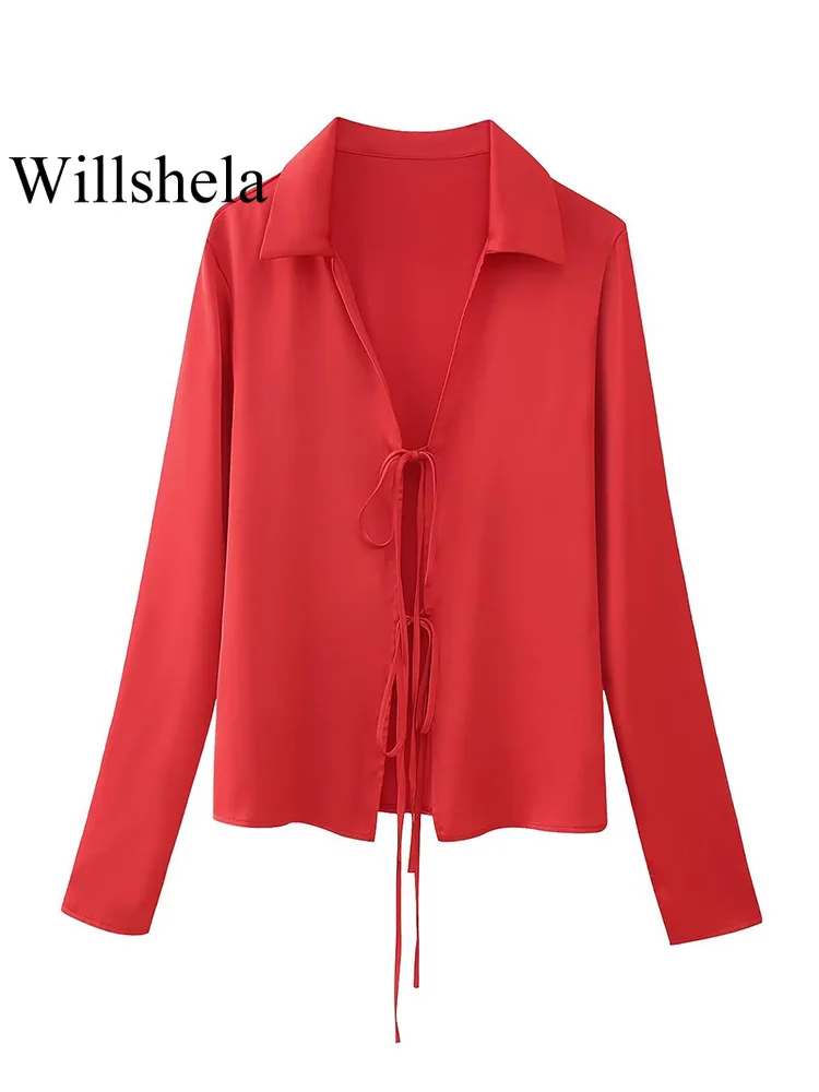 Willshela Women Fashion Satin Solid Bow Lace Up Blouse Vintage Lapel Neck Long Sleeves Female Chic Lady Shirts