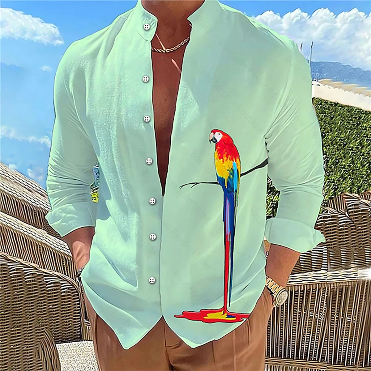 Men\'s shirt parrot pattern 3D printing stand collar outdoor street long sleeve shirt clothing fashion casual comfortable