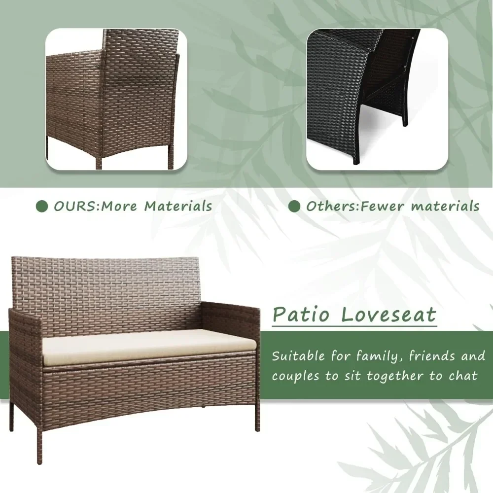 Buiten Sofa Set Van 4 Met Zacht Kussen En Glazen Tafel, Terrasmeubilair 4 Stuks Conversatieset, Outdoor Rieten Rotan Stoelen