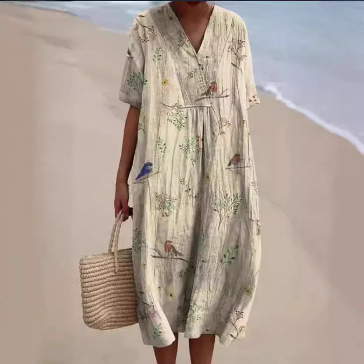 Kobiety Retro Geometria Koło Nadruk Długa Sukienka Wiosna Jednorzędowa Klapa Koszula Sukienka Letnia Puff Krótki Rękaw A-Line Boho Sukienka