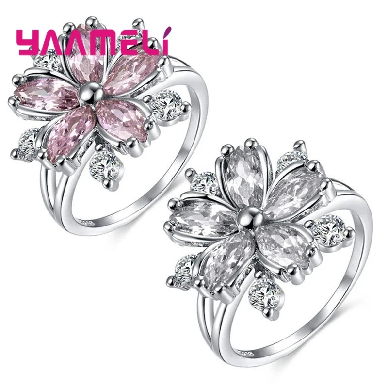 Women Ring 925 Sterling Silver Garden Flower Ring for Birthday Valentine's Day Gift Jewelry Shiny Rhinestone Zicon Bague Bijou