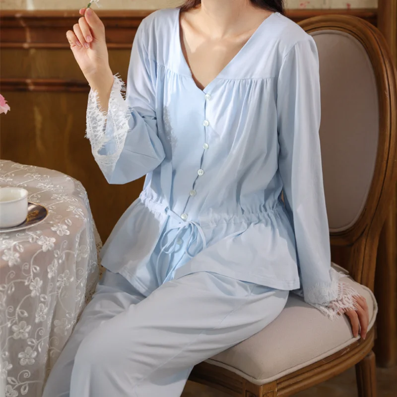 Women Two Piece Set Cotton Pyjamas Spring Autumn Vintage Lace Trim Long Sleeve Robe Trousers Sleepwear Pajamas Loose Nightwear