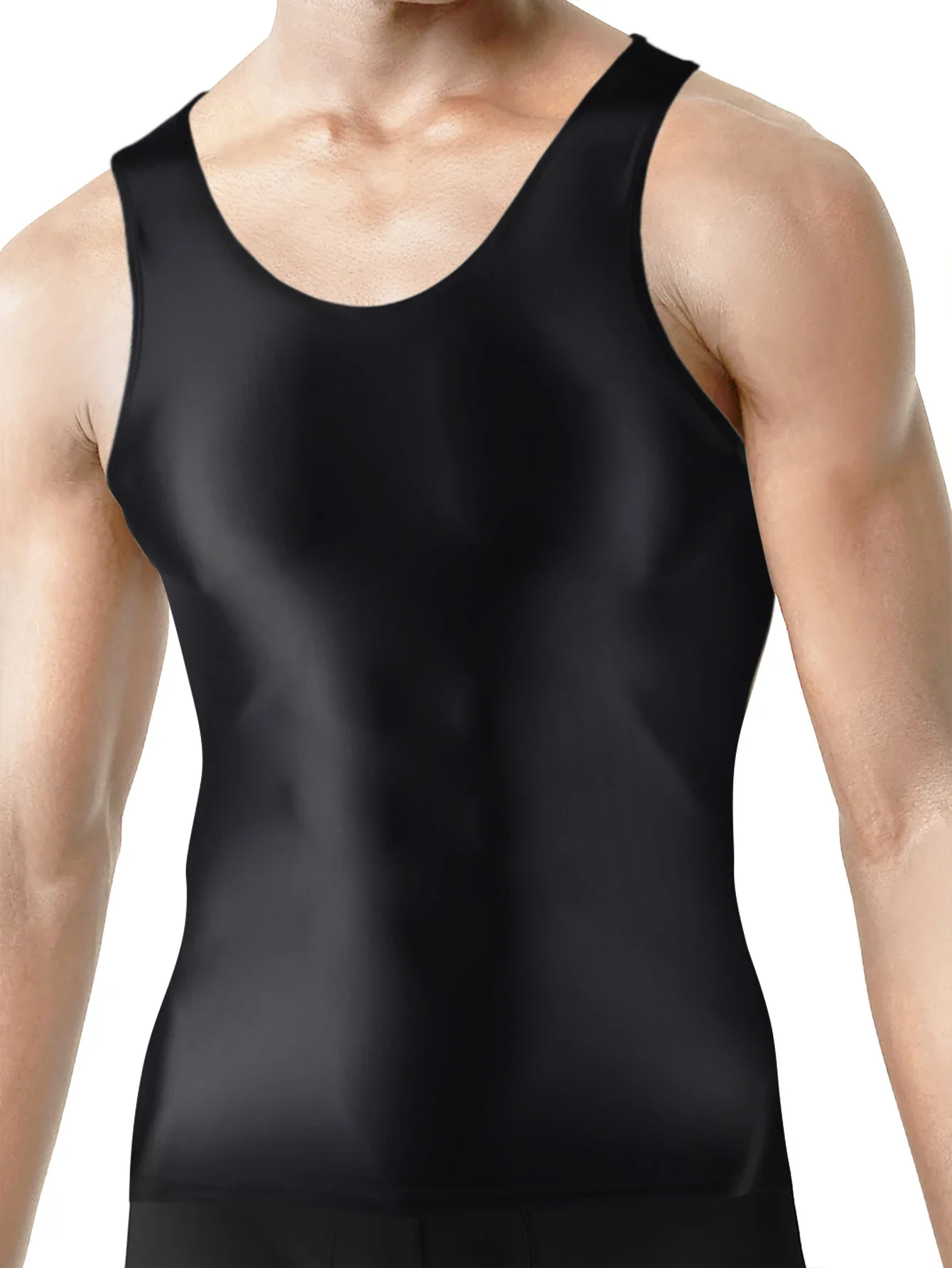 

Sexy Men oily Weight Training Tracksuits Stretch gloss Tight Vest Shiny Fitness Smooth compress Tops see through swimsuit