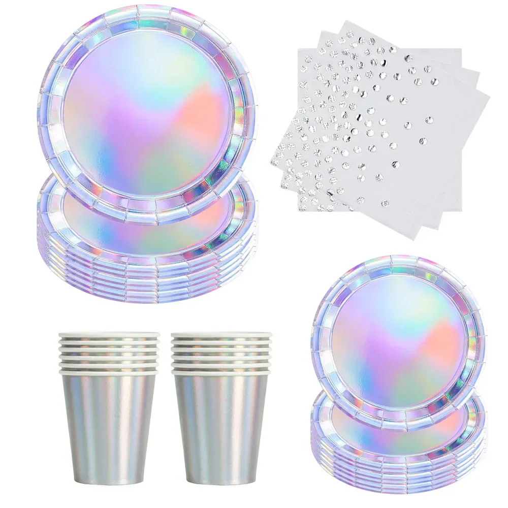 Silberne Laser-Einweg-Pappteller Geburtstags-Party-Geschirr-Set Laser-Tischdecke Servietten Becher Strohhalme Hochzeits-Party-Zubehör