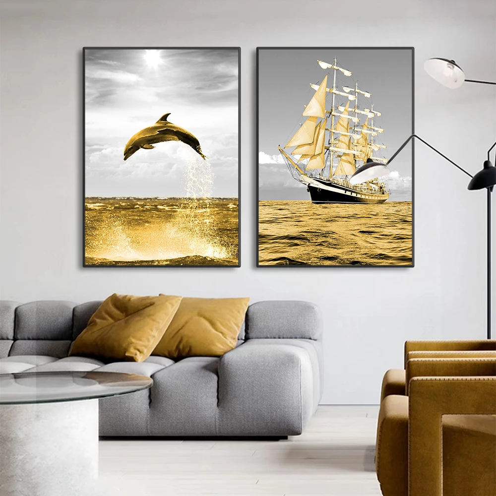 Golden Boat Jumping Dolphin Wall Art Canvas Prints Gold Sea Landscape Modern Living Room Wall Decoration Painting For Home Decor