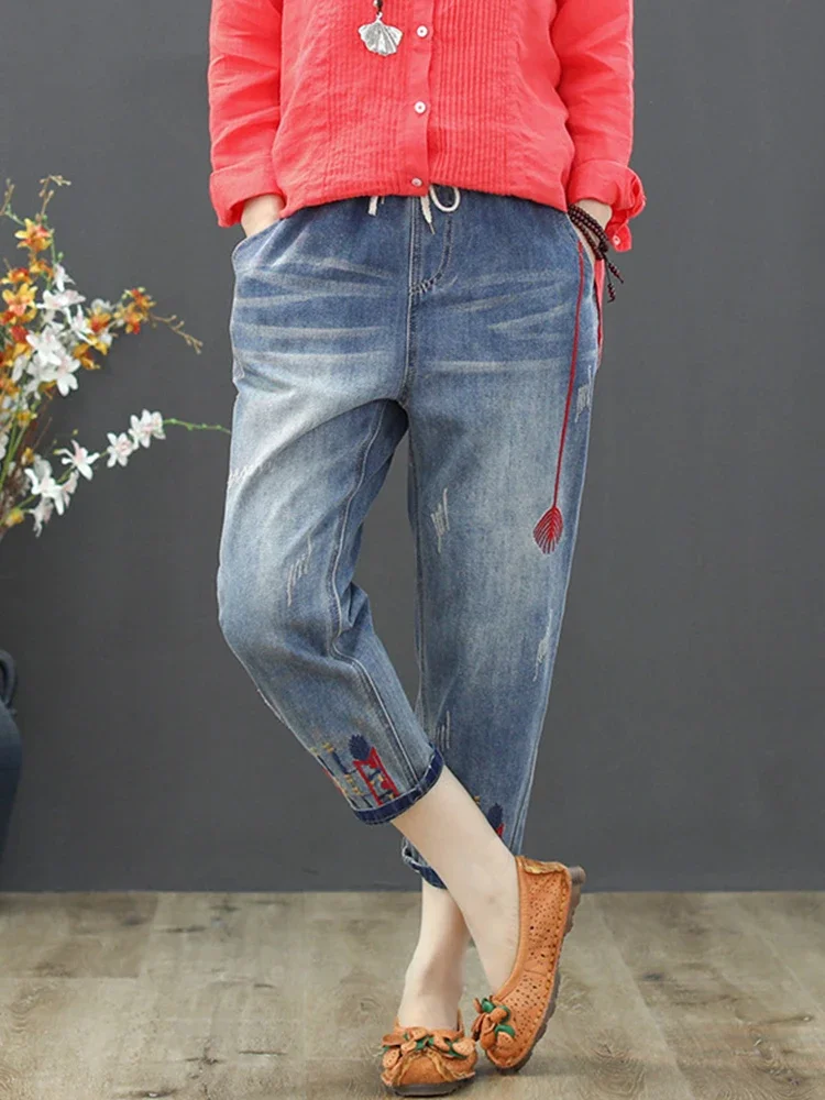 Mode été dames déchiré jean ample femmes loisirs broderie Denim pantalon Vintage femmes élastique sarouel