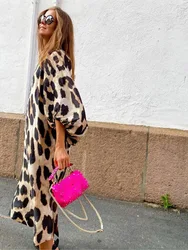 Vestido informal de leopardo a la moda para mujer, nuevo vestido holgado con cuello en V y manga acampanada para oficina y vacaciones de verano para mujer