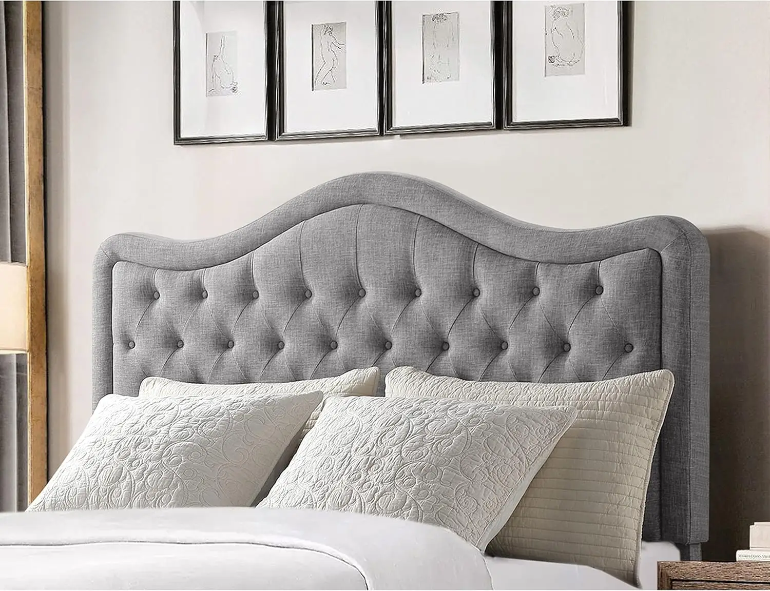 Niana Adjustable Headboard with Fine Linen Upholstery and Button Tufting for Bedroom, King, Dove Gray