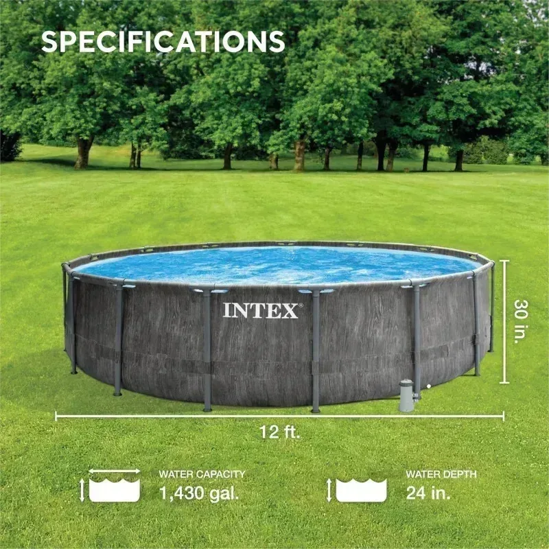 QZA4-Intex Greywood Prism Frame 12 Foot x 30 Inch Round above Ground Outdoor Swimming Pool 530 GPH Filter Pump,Grey Woodgrai,