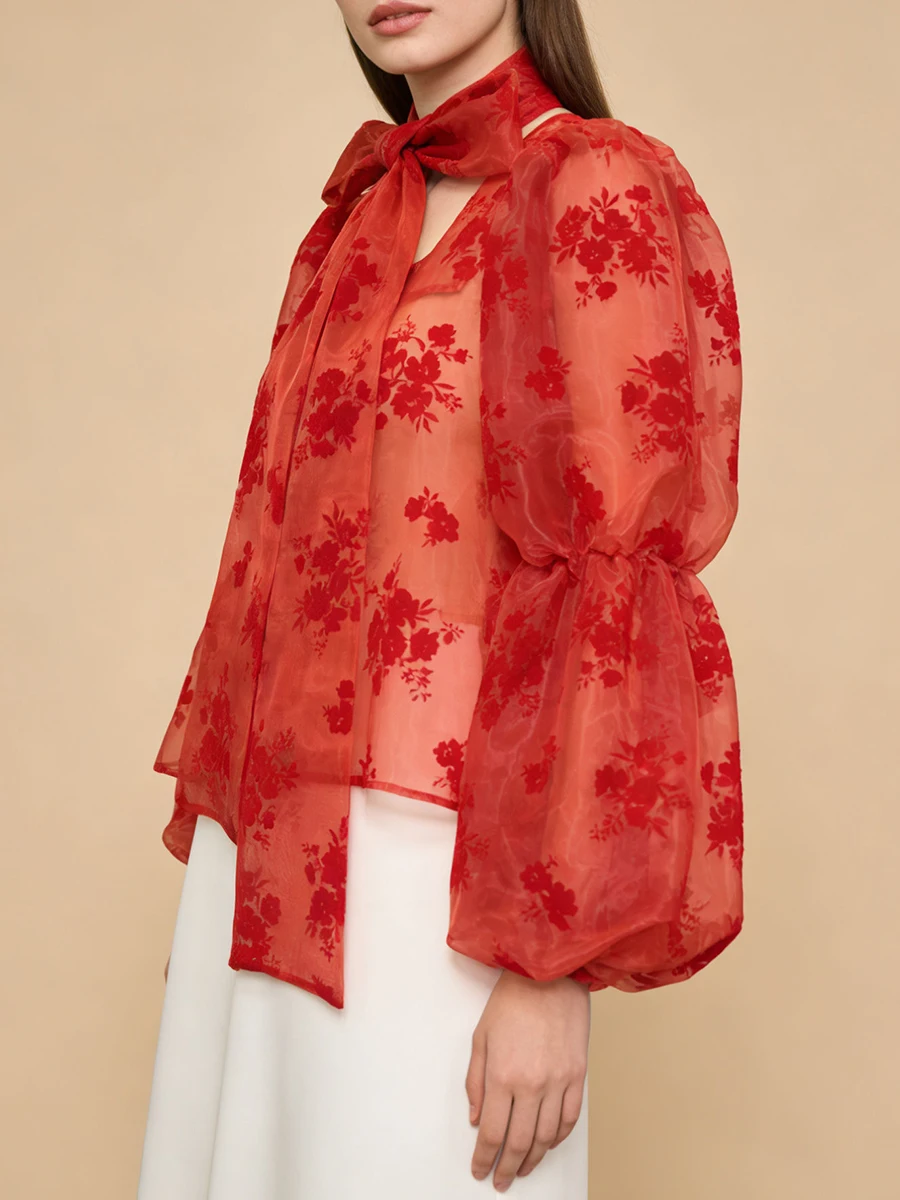 VGH أنيقة الأزهار الطباعة الشيفون قميص للنساء وشاح طوق الجوف خارج تصميم نفخة الأكمام بقماش شفاف مثير بلوزة الإناث جديد #3