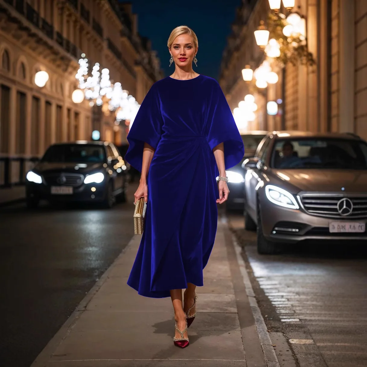 Eleganckie Długie Sukienki Damskie 2025 Nowa Sukienka z Złotego Aksamitu z Marszczeniem w Talii i Rękawami Nietoperzowymi Robe Femmes Платье Осень Vestido Mujer