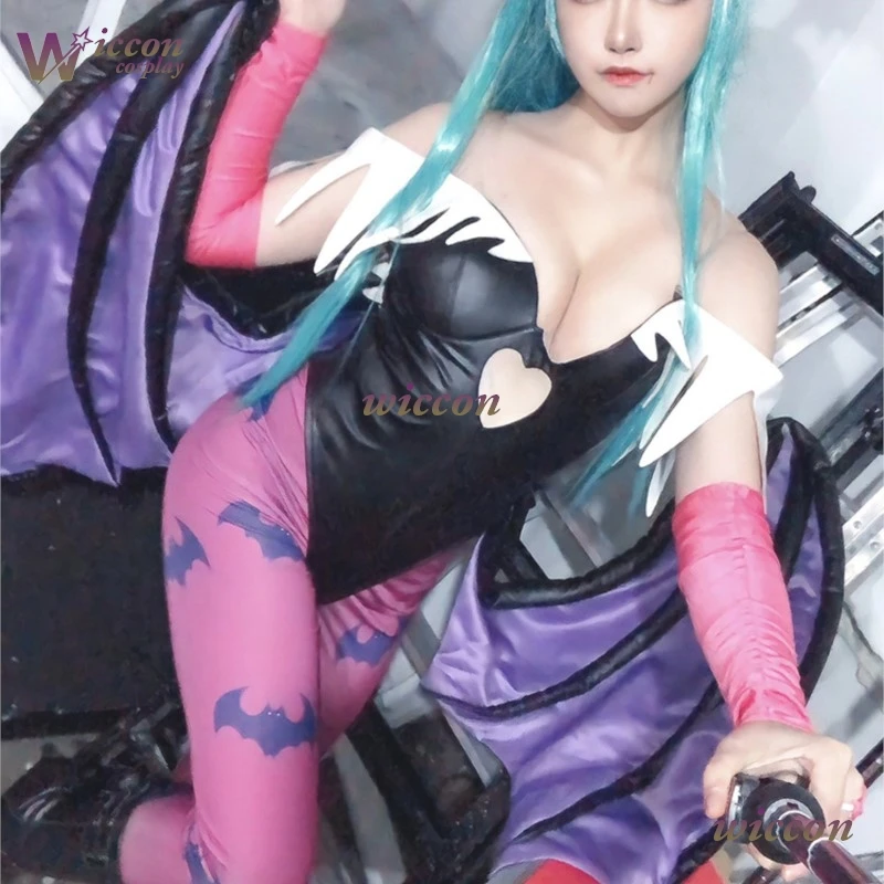 أزياء WuHu Game Tumes النسائية على شكل قلب مجوف من Morrigan أزياء تنكرية مع أجنحة ضيقة بدلة Darkstalkers Succubus #2