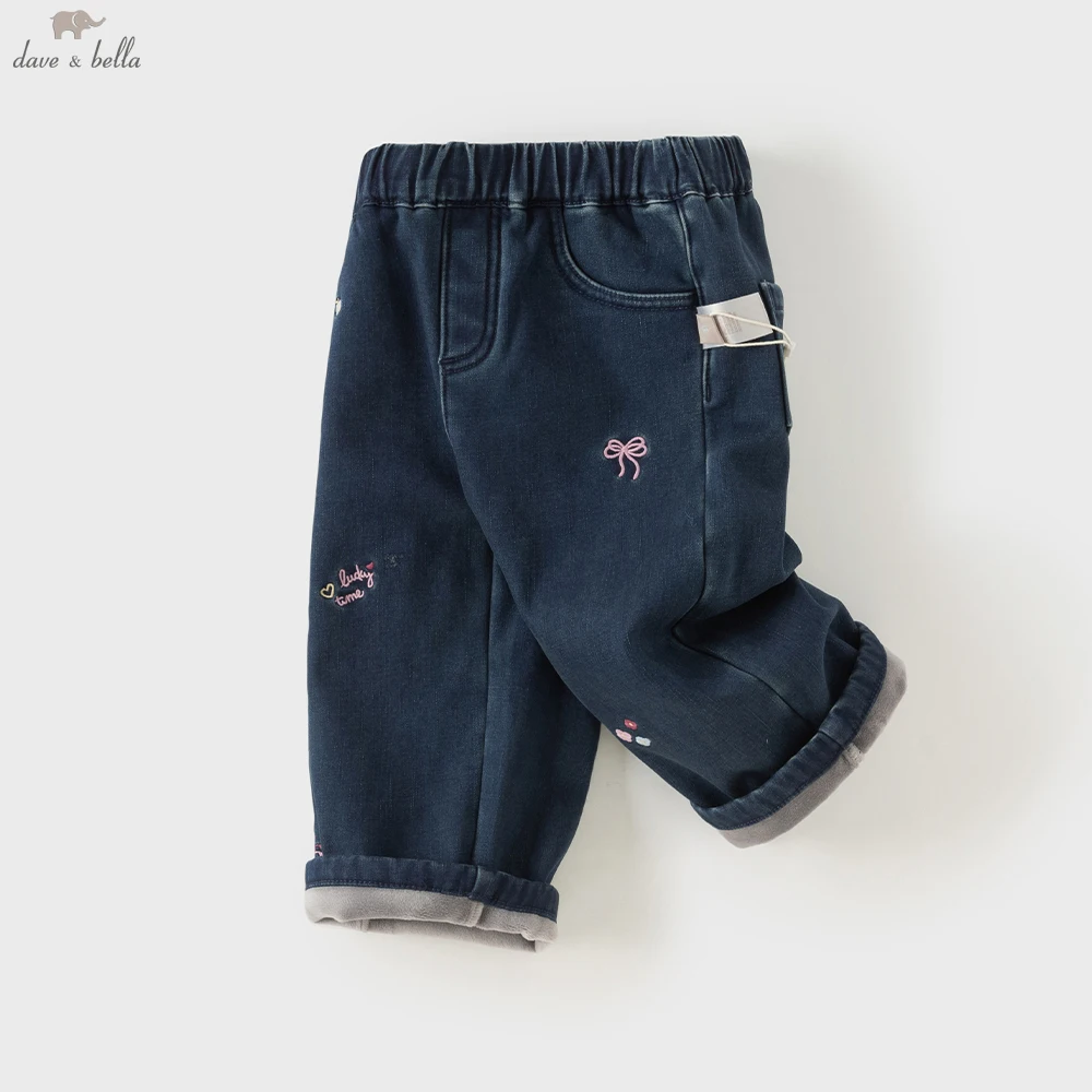 Dave Bella Children Winter Embroidery Velvet Jeans 1-13 Years Teen Girls Casual Straight Pants Elastic Cowboy Trousers DB4263682