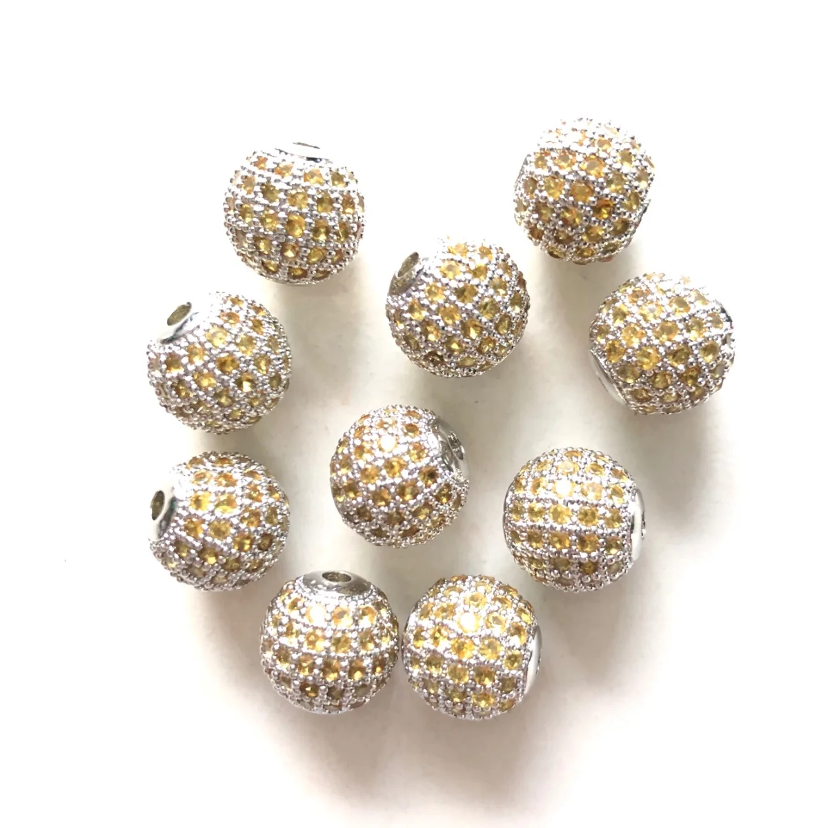 10pcs 10mm Yellow Cubic Zirconia Disco Ball Beads for Bracelet Making Micro Pave Brass Spacers Necklaces Waist Jewelry Finding