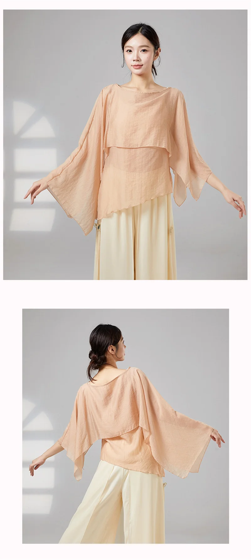 Damen Klassisches Modernes Tanz-Oberteil Fließende Unregelmäßige Bluse mit Weiten Glockenärmeln Lyrisches Tanz-Überzugskostüm Yoga-Top – Detail 5