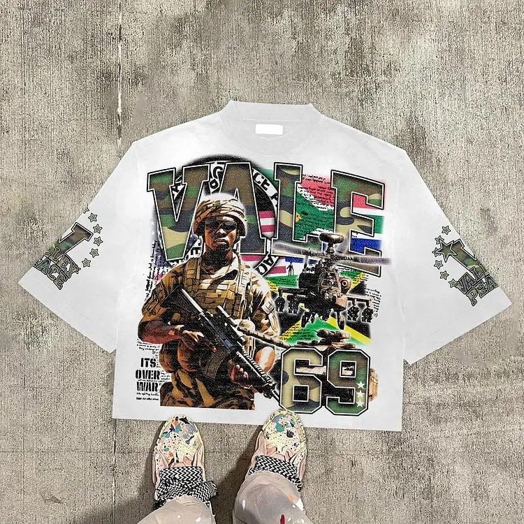 Vintage Warzone 69 Peace Graphic 100% Cotton T-Shirt Cropped Tees Men Y2K Summer Casual Oversize Tshirt Streetwear Women Tops