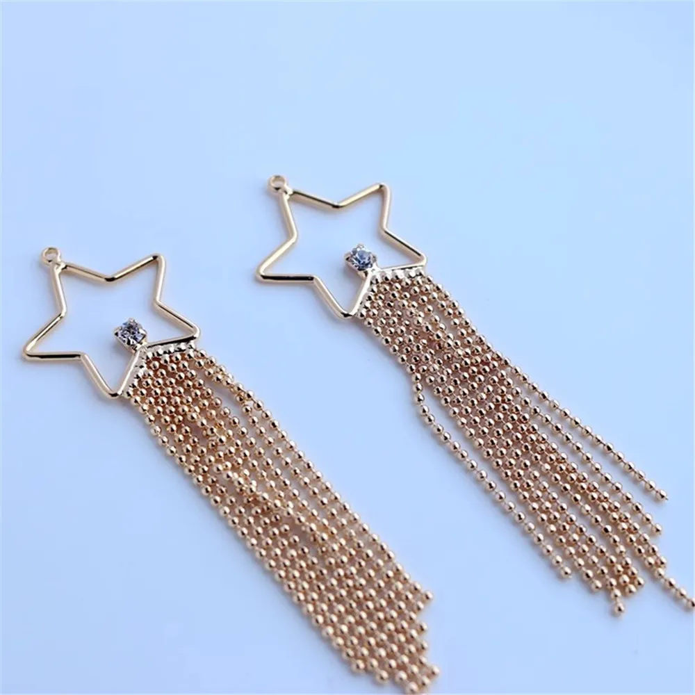 14K Gold-coated Five-Pointed Star Fringed Pendant Earrings, Ear Hanging Earrings, Bead Chain, Zircon Inlay Accessories