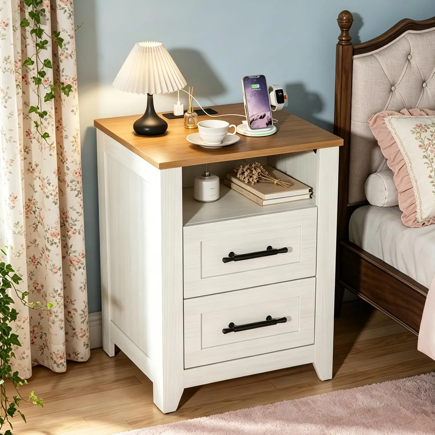 Farmhouse Nightstand With 2 Drawers And Open Compartment Side Table With Charging Station End Table With Storage Shelf For Bedroom Living Room Color Blocking 1PCS