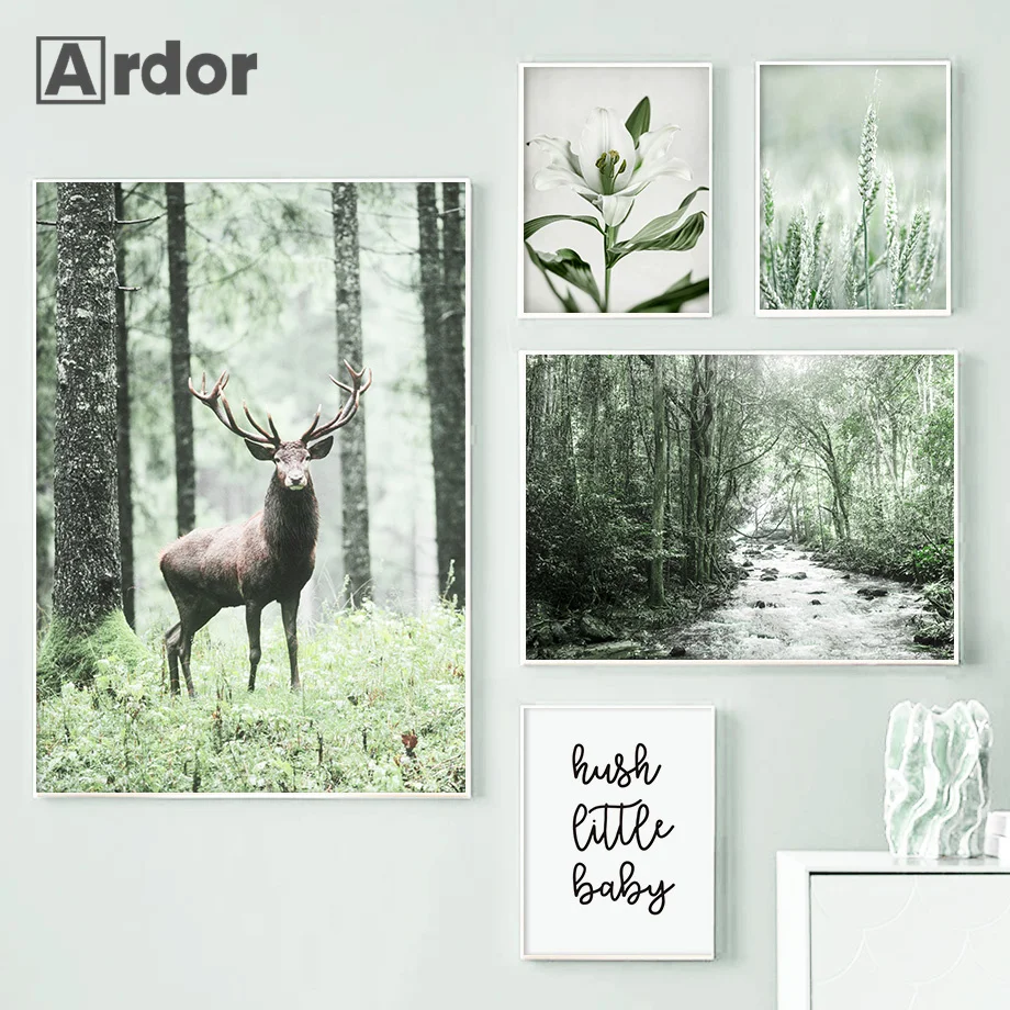 Green Forest Canvas Poster Wild Deer Waterfall Stream Flower Landscape Print Painting Nature Art Pictures Living Room Home Decor