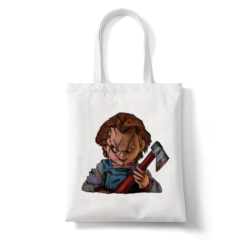 Funny Horror Movie Printed Canvas Tote Women\'s Large Capacity Portable Shopping Bag Fashion Eco Tote Bag Student Schoolbag