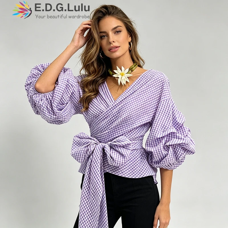 EDGLuLu Fashion Sweet Purple Grid Wind Top 2026 New V-Neck Lantern Sleeves Waist Lace-Up Bow Strap Checkered Shirt For Women0522