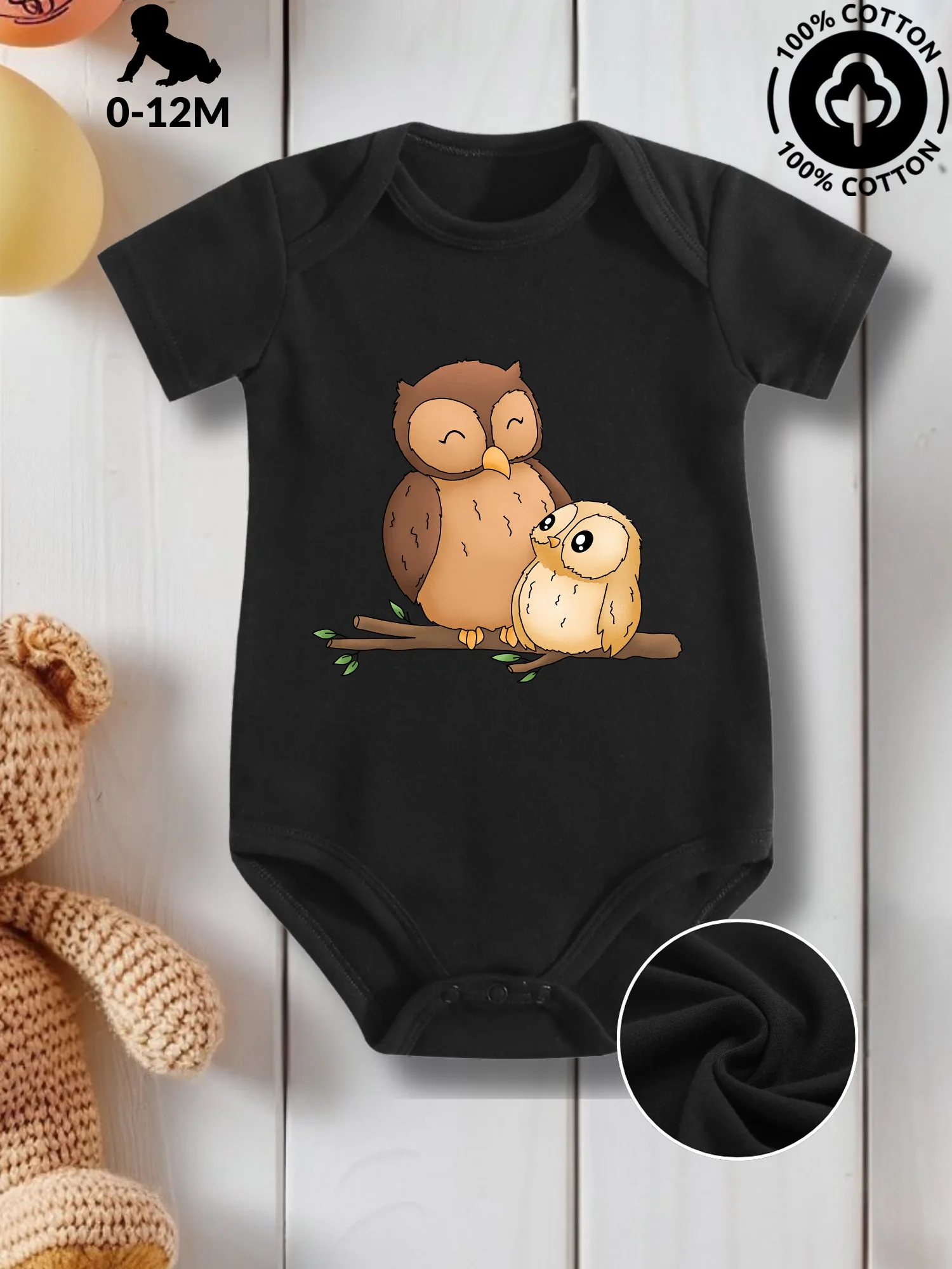 

Parent-Child Owl Unisex Baby Crawling Suit, Pure Cotton Skin Care Onesie, All-Season Wear Black Bodysuit 190GSM