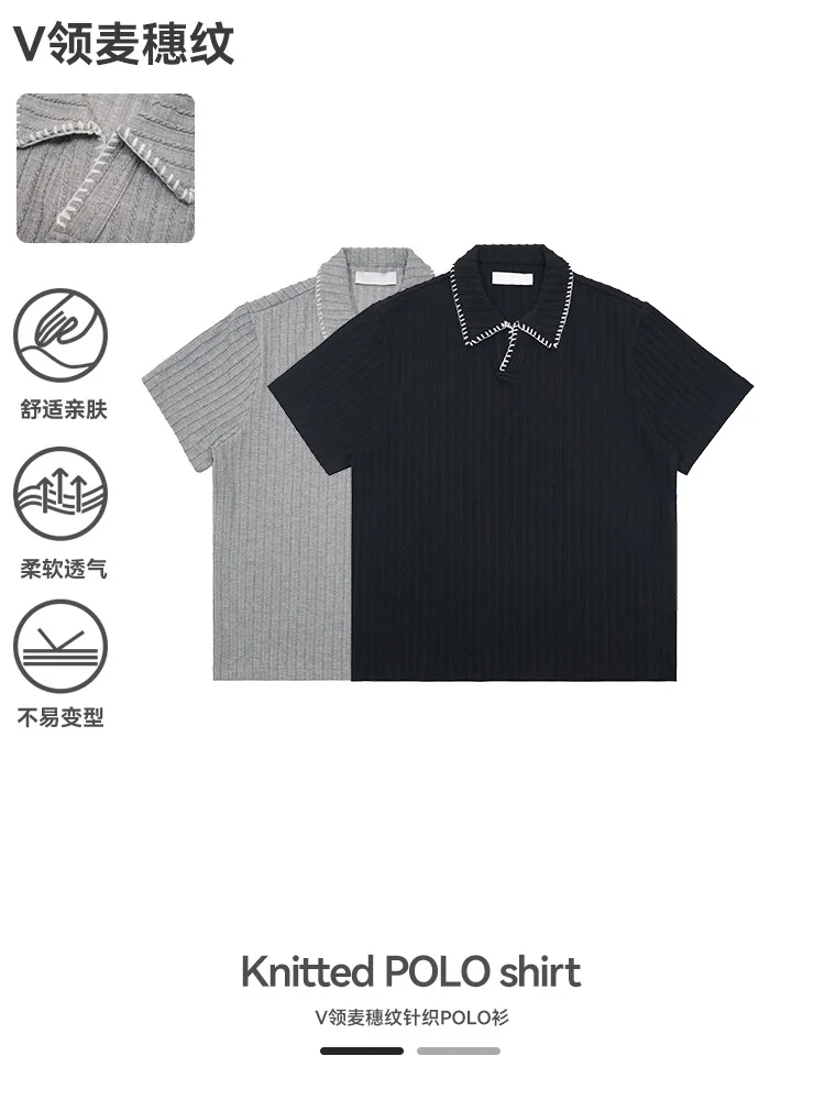 

UNF V-neck wheat pattern POLO shirt short-sleeved men and women American old money style half-sleeved knitted T-shirt summer