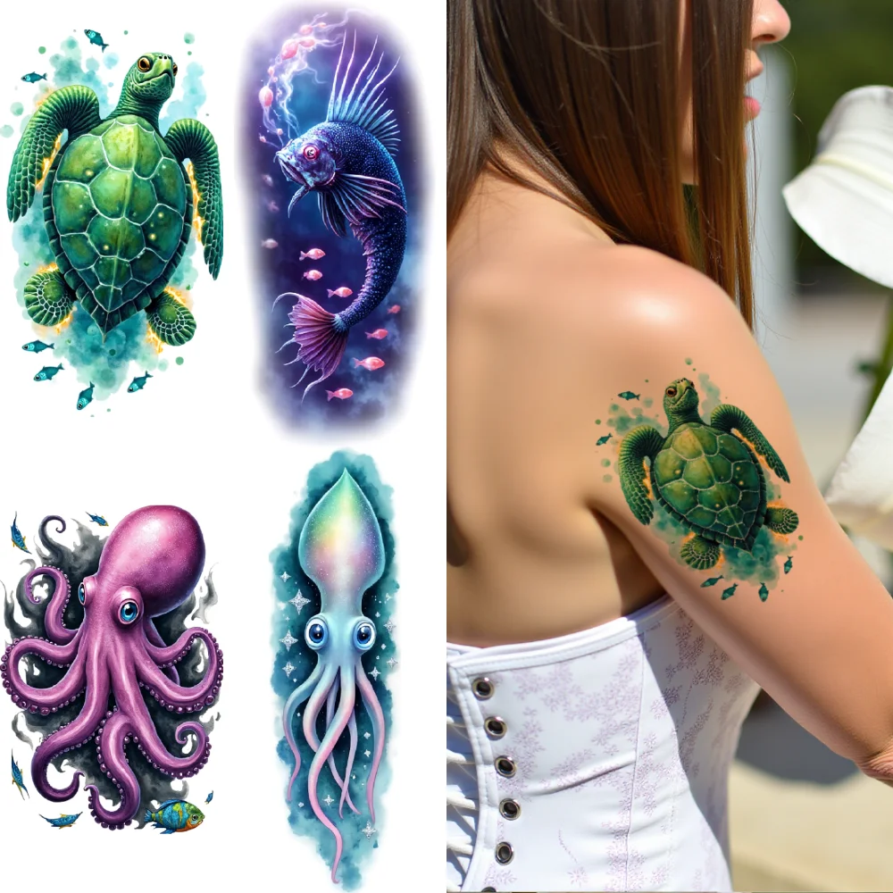 

12pcs Temporary Tattoo Turtle Colorful Realism Jellyfish Colorful Coral Realistic Temporary Tattoos Sea Horse For Thighs Back