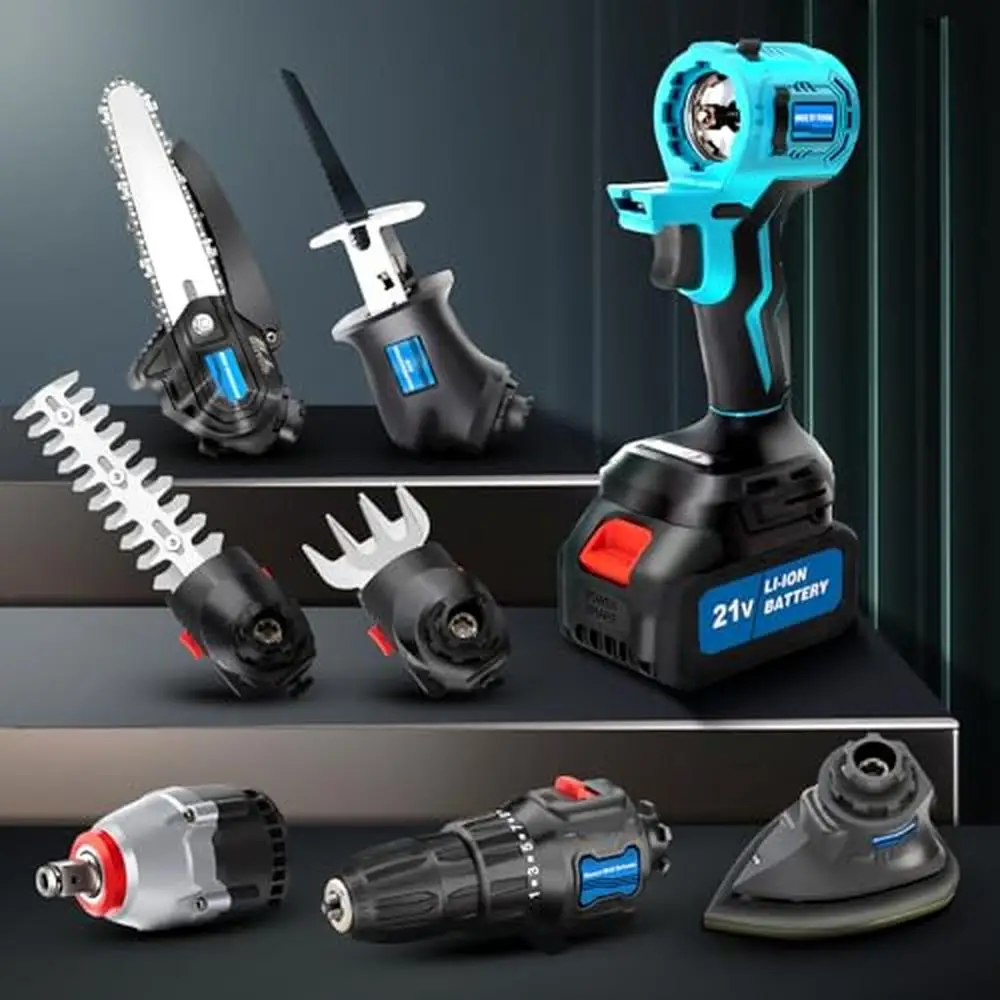 

21V Cordless 8-in-1 Multi-Tool Power Unit Kit with Variable Speed Drill Impact Wrench Sander Saw Hedge Trimmer Mower Brushless